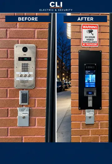 AI-enhanced before and after intercom upgrade, branded CLI Electric and Security